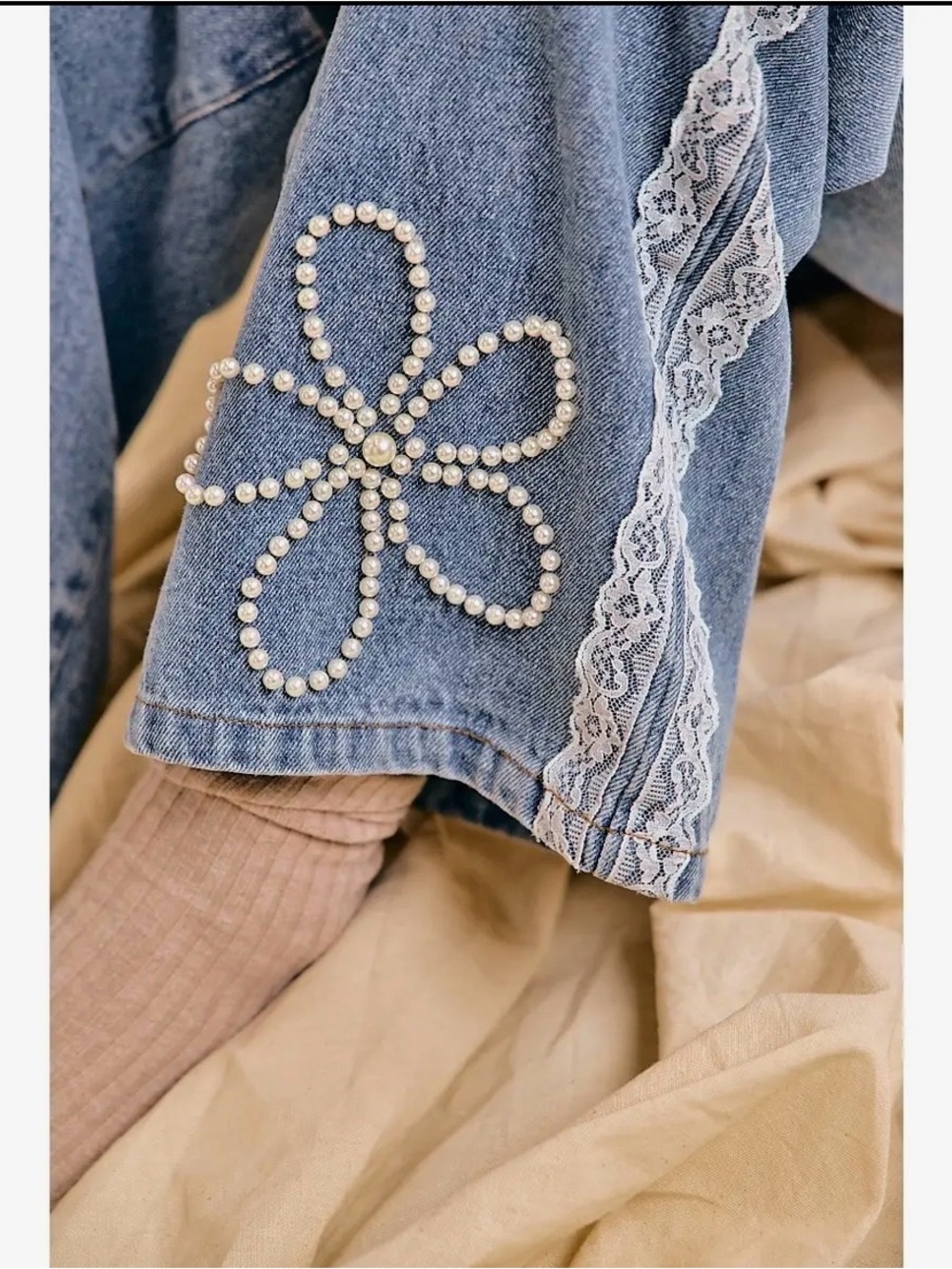 Denim pearl floral lace trim boho wide leg barrel western contrast bohemian jean - Picture 3 of 5